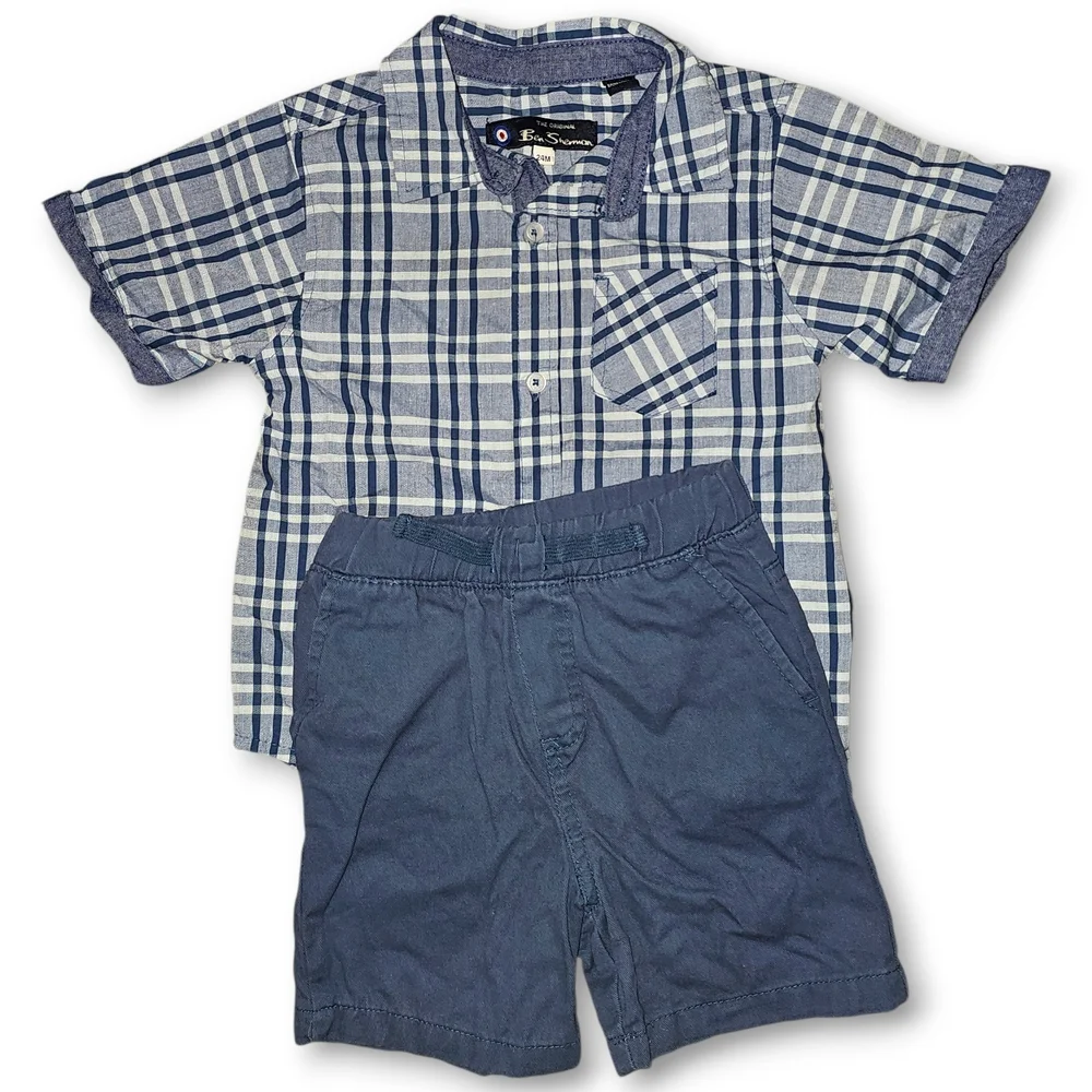 Ben Sherman Toddler Outfit Plaid Button Down Shirt Navy‎ Shorts Set 24M